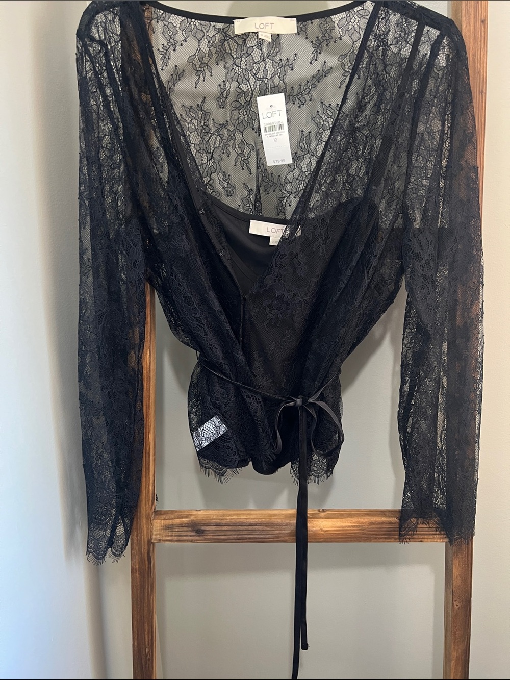 LOFT Black Lace Wrap Sheer Top w/ Camisole